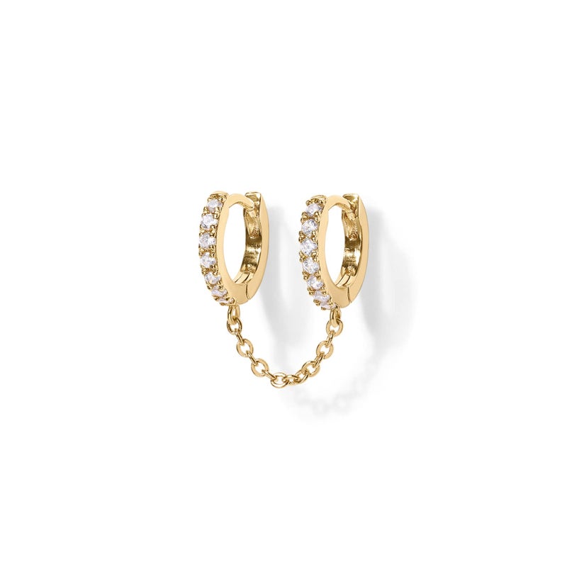 PAVOI 14K Yellow Gold Huggie Hoop Earrings - Cubic Zirconia Double Piercing Dangle Chain Earrings for Women - Image 1