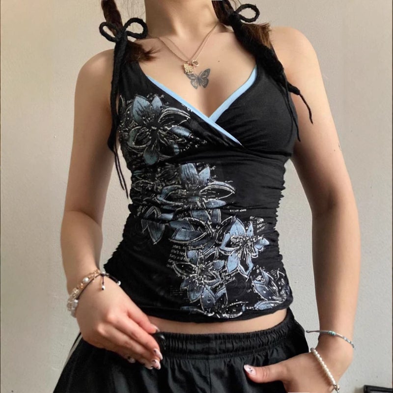 Y2K Retro Floral Print Slim Fit Cross V-Neck Camisole Summer Top for Women - Image 3