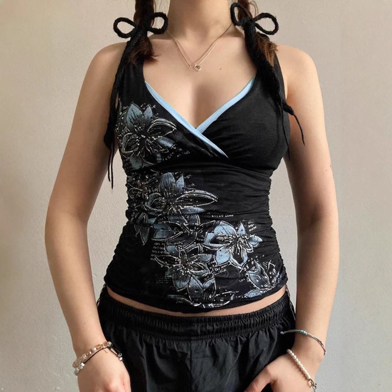 Y2K Retro Floral Print Slim Fit Cross V-Neck Camisole Summer Top for Women - Image 1