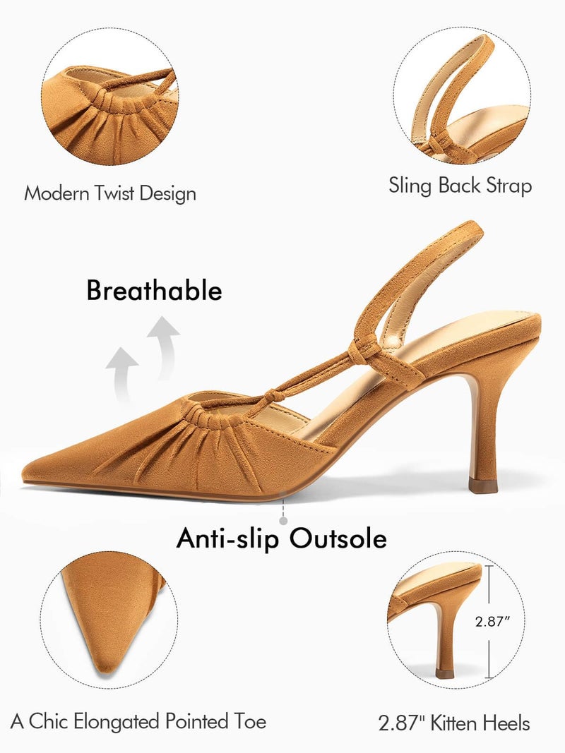 Coutgo Womens Slingback Kitten Heels Closed Pointed Toe Pumps D'Orsay Wedding Party Dress Shoes, Light Brown, Size 9.5 - Image 3