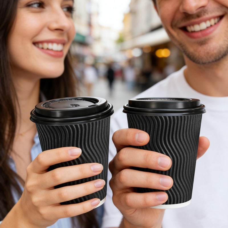 BYSNOW 50 Pack 12 oz Coffee Cups with Lids, Disposable Insulated Hot Cups To Go Paper Coffee Cups, Corrugated Ripple Wall Cup for Hot Drink, Office, Coffee Bar (Black 12 oz) - Image 5