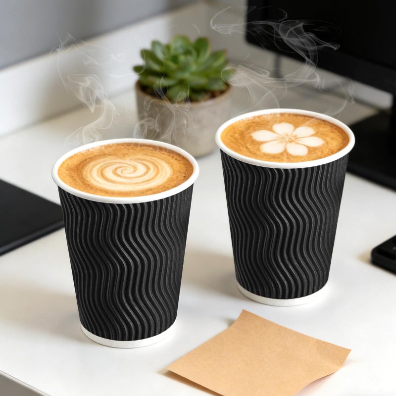 BYSNOW 50 Pack 12 oz Coffee Cups with Lids, Disposable Insulated Hot Cups To Go Paper Coffee Cups, Corrugated Ripple Wall Cup for Hot Drink, Office, Coffee Bar (Black 12 oz) - Image 4