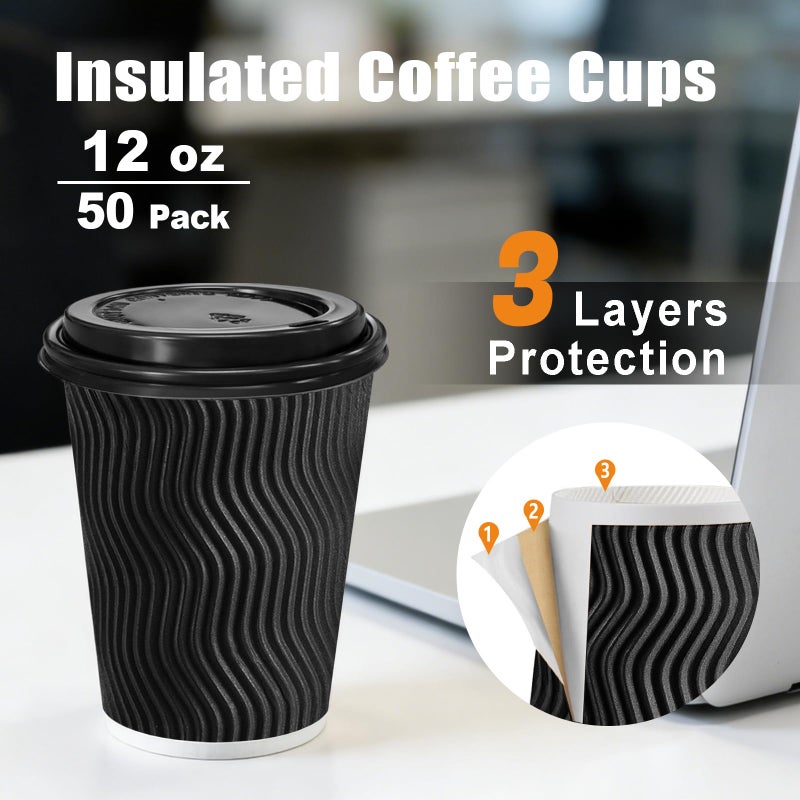 BYSNOW 50 Pack 12 oz Coffee Cups with Lids, Disposable Insulated Hot Cups To Go Paper Coffee Cups, Corrugated Ripple Wall Cup for Hot Drink, Office, Coffee Bar (Black 12 oz) - Image 2