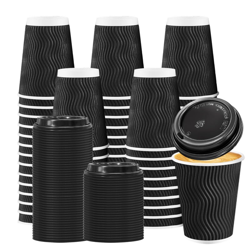 BYSNOW 50 Pack 12 oz Coffee Cups with Lids, Disposable Insulated Hot Cups To Go Paper Coffee Cups, Corrugated Ripple Wall Cup for Hot Drink, Office, Coffee Bar (Black 12 oz) - Image 1
