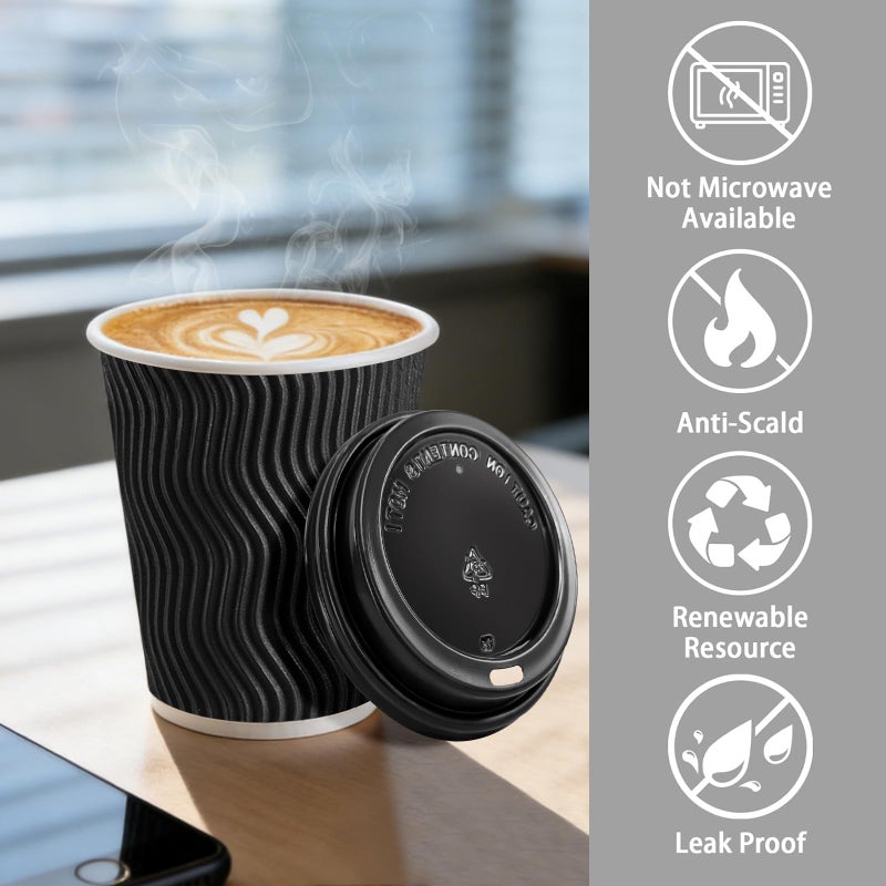 BYSNOW 50 Pack 12 oz Coffee Cups with Lids, Disposable Insulated Hot Cups To Go Paper Coffee Cups, Corrugated Ripple Wall Cup for Hot Drink, Office, Coffee Bar (Black 12 oz) - Image 3