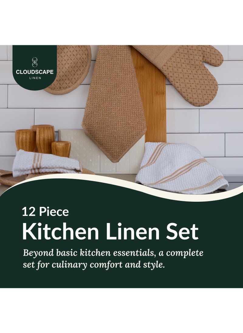 Cloud Scape Linen 12-Piece Kitchen Essentials Set – Includes Absorbent Dishcloths & Kitchen Towels, Non-Slip Silicone Grip, Beige  - Image 2