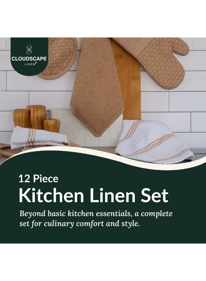 كلاود سكيب لينين 12-Piece Kitchen Essentials Set – Includes Absorbent Dishcloths & Kitchen Towels, Non-Slip Silicone Grip, Beige - Image 2