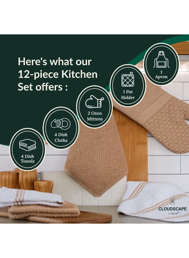 كلاود سكيب لينين 12-Piece Kitchen Essentials Set – Includes Absorbent Dishcloths & Kitchen Towels, Non-Slip Silicone Grip, Beige - Image 4