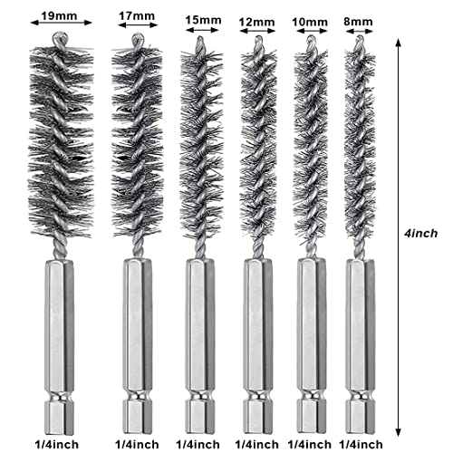 CKANDAY 6 Pieces Stainless Steel Bore Brush in Different Sizes + 15 Pcs Cleaning Needles Nylon Brushes Tools, Twisted Wire Brush with Handle 1/4 Inch Hex Shank Attachment Drill Set for Tubes Ports Bearings - Image 2