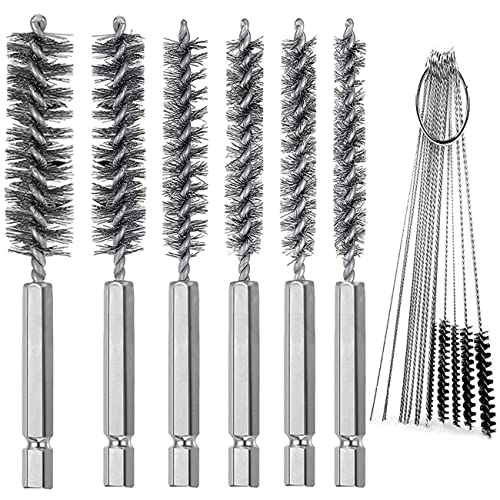 CKANDAY 6 Pieces Stainless Steel Bore Brush in Different Sizes + 15 Pcs Cleaning Needles Nylon Brushes Tools, Twisted Wire Brush with Handle 1/4 Inch Hex Shank Attachment Drill Set for Tubes Ports Bearings - Image 1