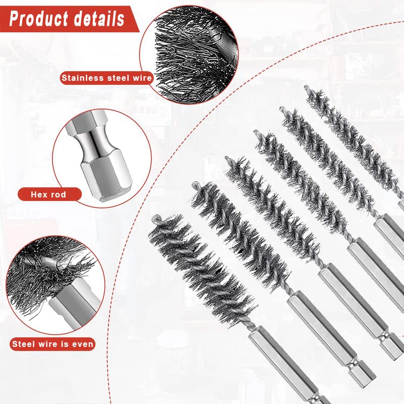 CKANDAY 6 Pieces Stainless Steel Bore Brush in Different Sizes + 15 Pcs Cleaning Needles Nylon Brushes Tools, Twisted Wire Brush with Handle 1/4 Inch Hex Shank Attachment Drill Set for Tubes Ports Bearings - Image 3