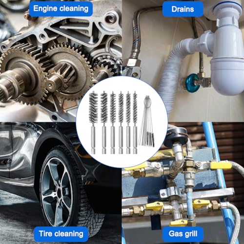 CKANDAY 6 Pieces Stainless Steel Bore Brush in Different Sizes + 15 Pcs Cleaning Needles Nylon Brushes Tools, Twisted Wire Brush with Handle 1/4 Inch Hex Shank Attachment Drill Set for Tubes Ports Bearings - Image 5