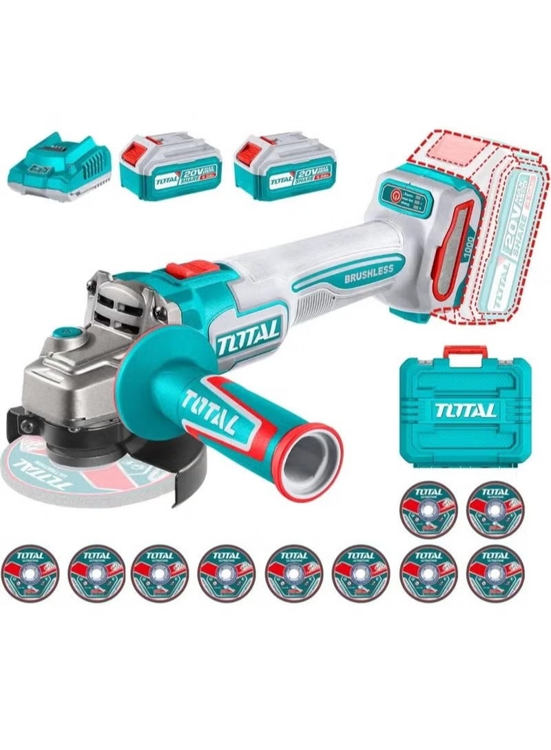 TOTAL TOTAL 20V Cordless Brushless Angle Grinder – 115mm, 1000W with 2×4.0Ah Batteries, Fast Charger & 10 Metal Cutting Discs – Ideal for Cutting, Grinding, and Metalwork – With Carrying Case - TAGLI271532 - Image 3