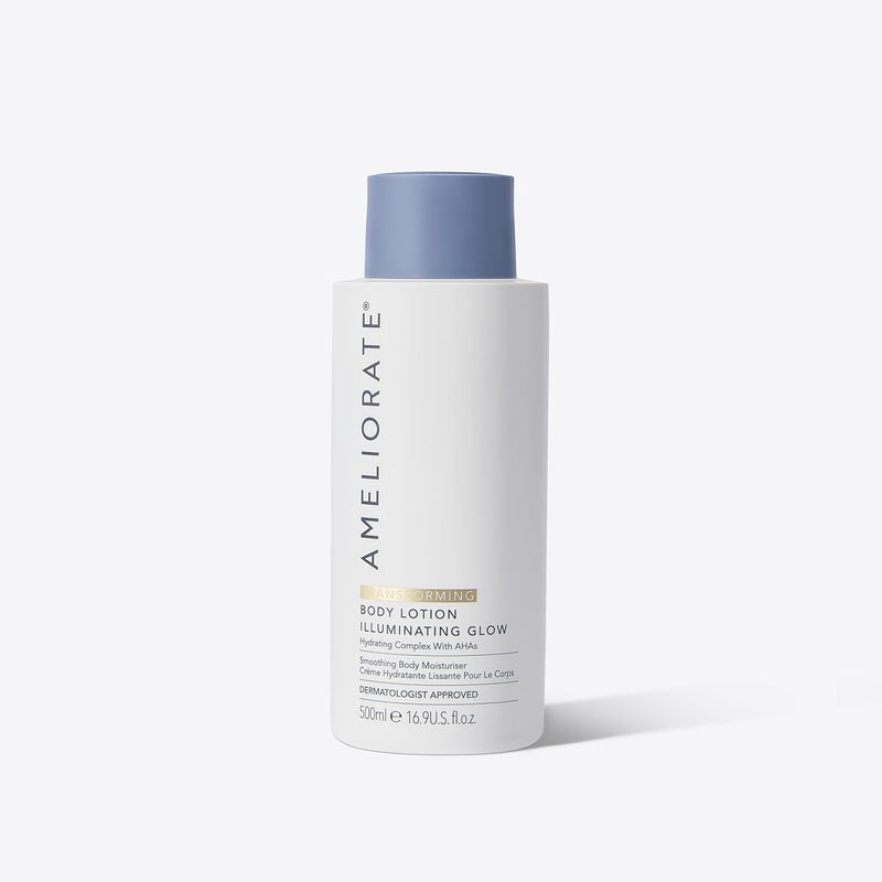 AMELIORATE Illuminating Glow Transforming Body Lotion 500ml for Keratosis Pilaris KP Dry Skin Exfoliating Moisturiser with Lactic Acid AHA Pearl Particles for an Instant Shimmering Glow