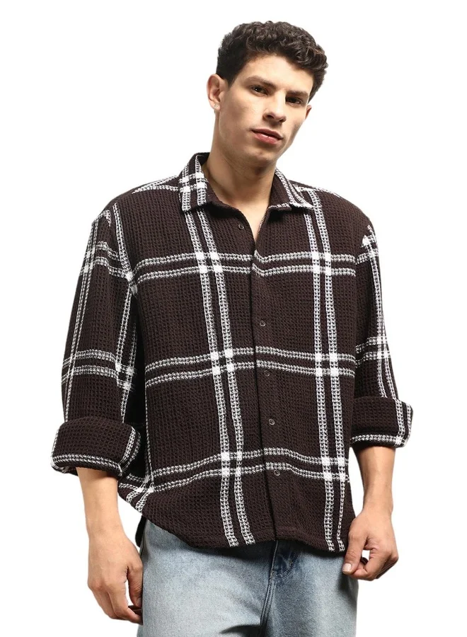 Hubberholme Men's Brown Cotton Blend Checkered Button Down Oversized Shirt