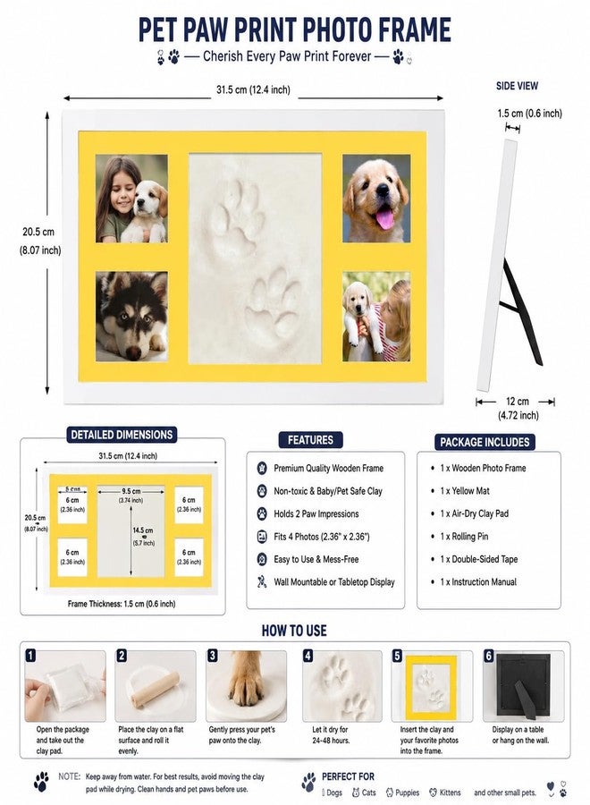 BABIES BLOOM Dog or Cat Paw Print with 4 Photo with clay Frame, Pet Paw Print Impression Kit, Pet frame, Dog or Cat Clay Pawprint Keepsake Wooden Photo Frame, (Yellow) - Image 2