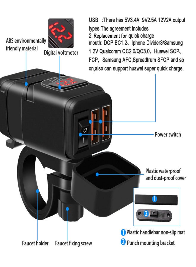 Motorcycle USB Charger Super Fast Charger QC3.0 Dual USB Port with Voltmeter ON/Off Switch Replacement for iphone Samsung HUAWEI DC12V Car, Motorcycle, Beach Car 7/8inch Handlebar - Image 5