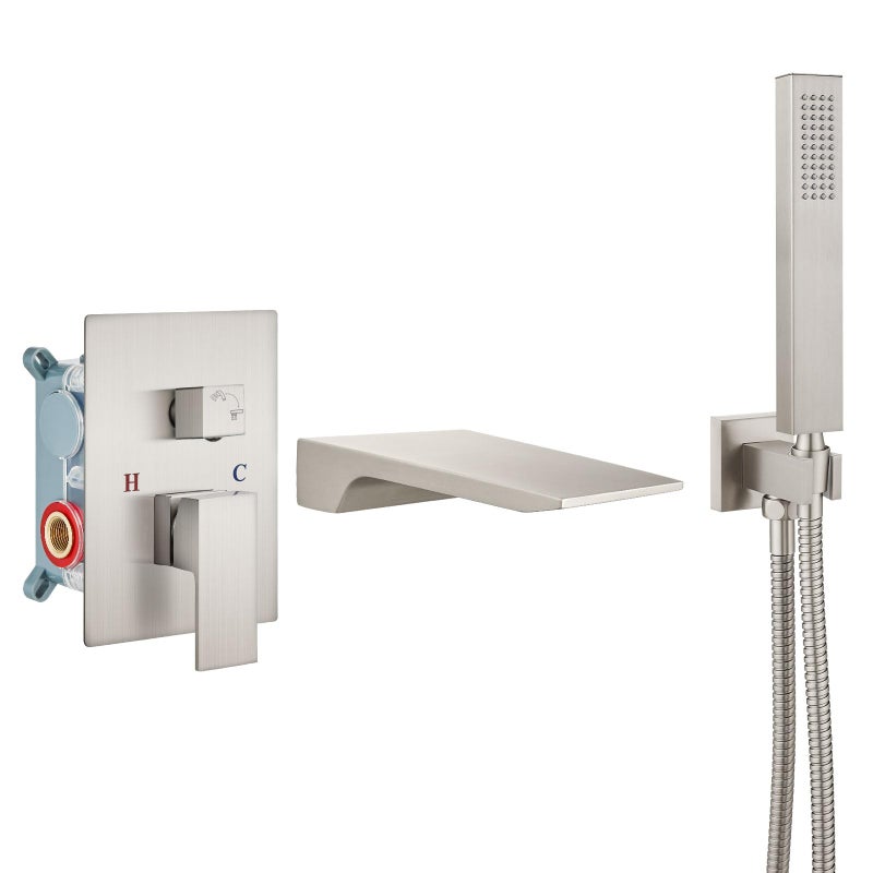 Airuida Wall Mount Tub Faucet with Waterfall Tub Spout Wall Mounted Bathtub Faucet with Handheld Shower Single Handle Tub Filler Shower Faucet Set with Roughin valve Straight Spout Brushed Nickel