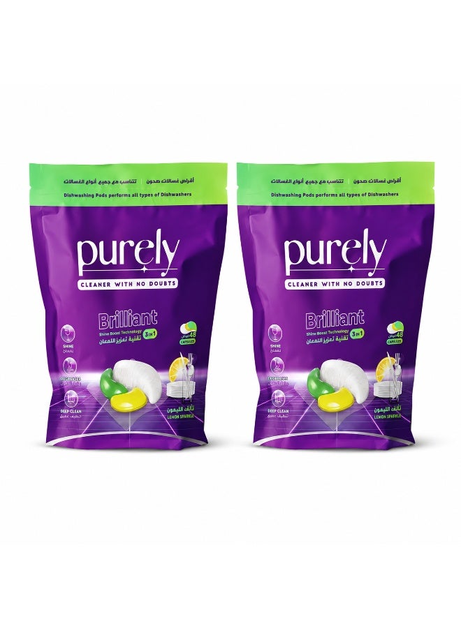 Purely Brilliant Dishwasher Tablets All In One 48 Tabs Set of 2 Deep Cleaning Dishwashing Detergent Powerful Grease Remover Shine Rinse Aid Anti Limescale Fresh Scent - Image 1