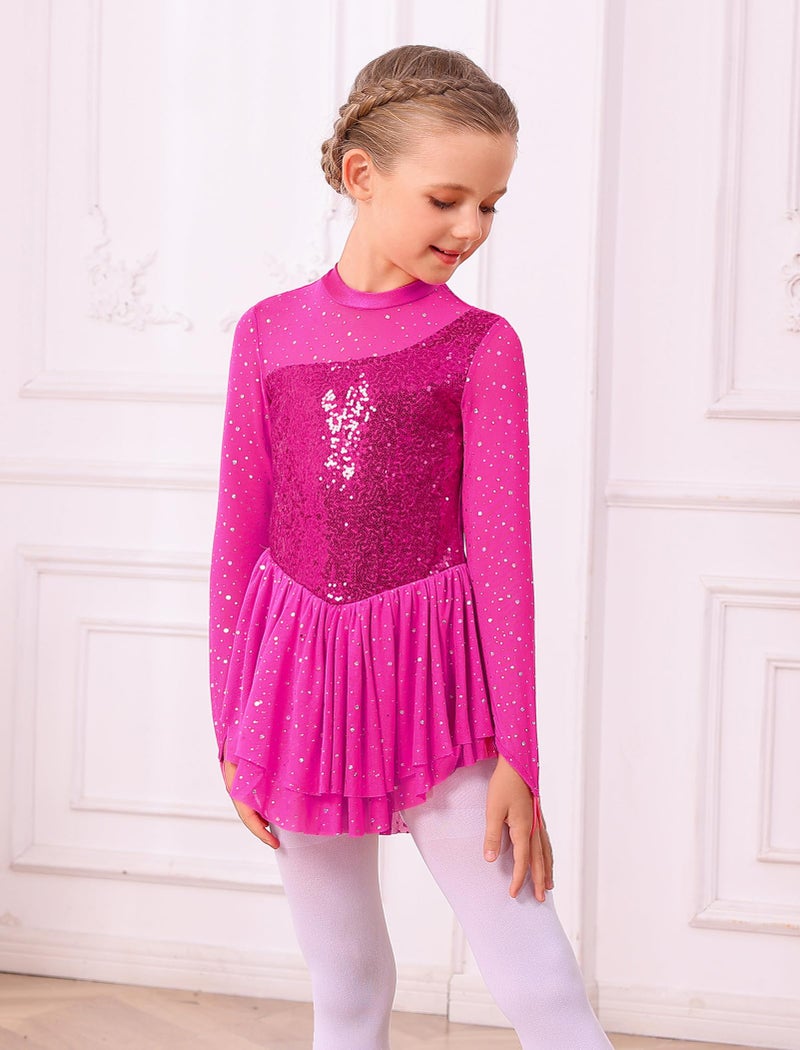 AFAVOM Figure Skating Dress for Girls - Long Sleeve, Mesh, Sequin, Rhinestone, Lyrical Ballet Dance Leotard Dress - Competition Performance Costume - Dancewear - Hot Pink - 9-10 Years - Image 2