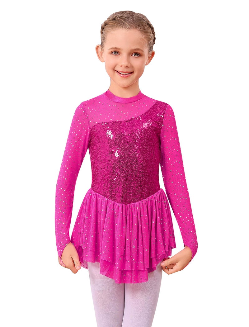 AFAVOM Figure Skating Dress for Girls - Long Sleeve, Mesh, Sequin, Rhinestone, Lyrical Ballet Dance Leotard Dress - Competition Performance Costume - Dancewear - Hot Pink - 9-10 Years - Image 1