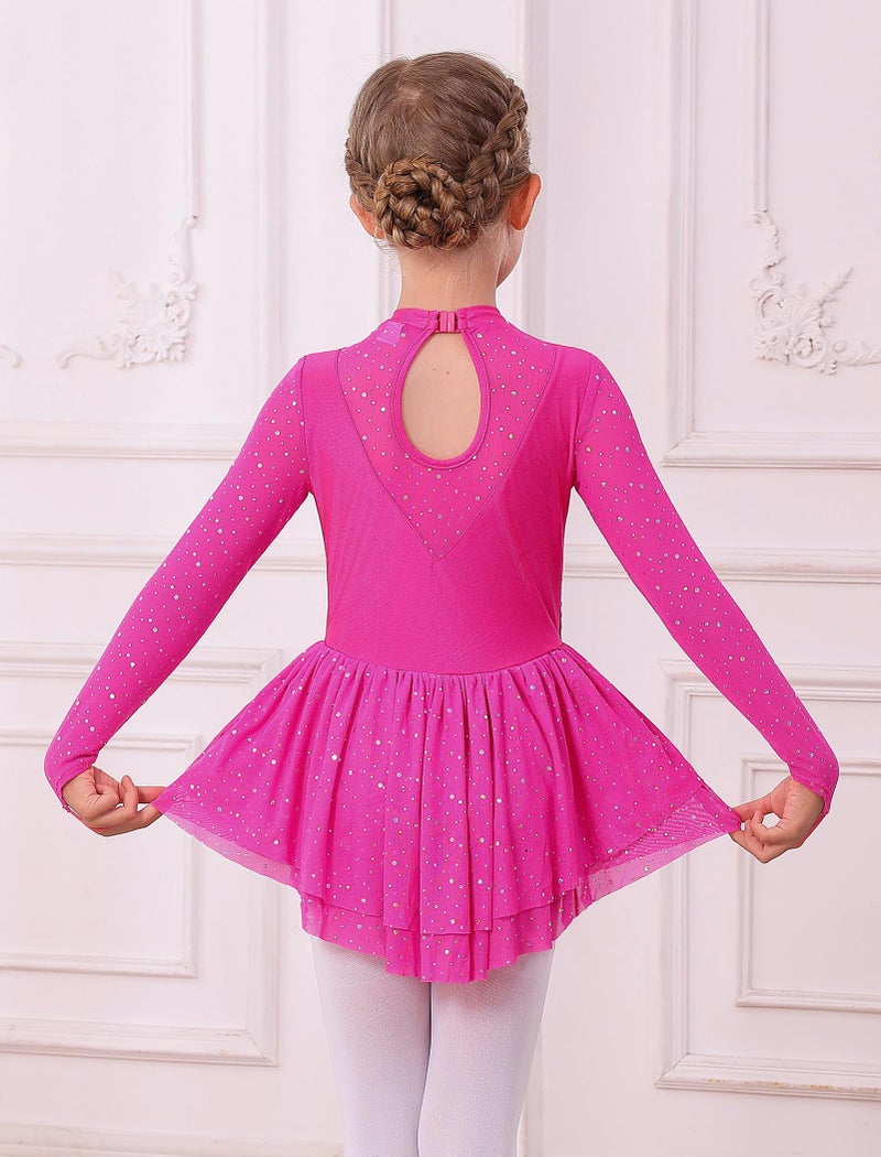 AFAVOM Figure Skating Dress for Girls - Long Sleeve, Mesh, Sequin, Rhinestone, Lyrical Ballet Dance Leotard Dress - Competition Performance Costume - Dancewear - Hot Pink - 9-10 Years - Image 3