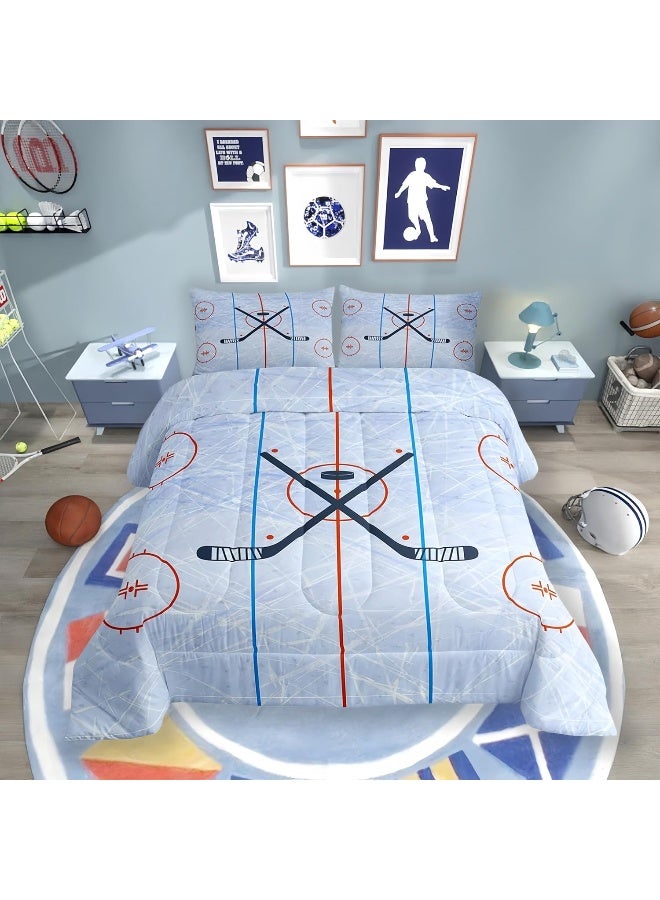 Ice Hockey Kids Comforter Set Twin Size, Hockey Stadium Rink Bedding Set, Boys Girls Adults Bedroom Decor, Winter Event Ball Games Lovers Down Comforter, Modern Stylish Duvet Insert, 2pcs, 1 Pillowcase  - Image 1