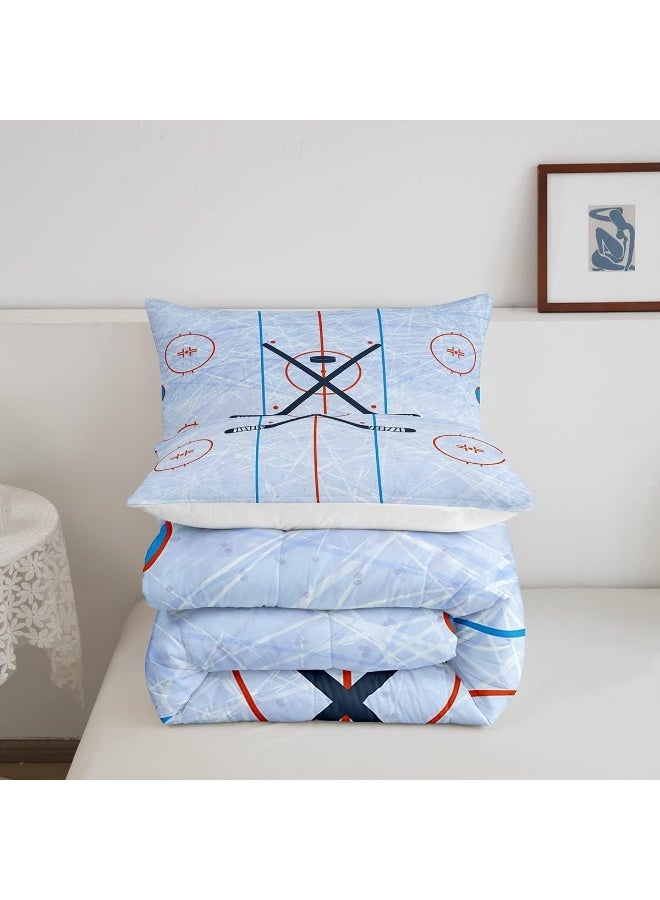 Ice Hockey Kids Comforter Set Twin Size, Hockey Stadium Rink Bedding Set, Boys Girls Adults Bedroom Decor, Winter Event Ball Games Lovers Down Comforter, Modern Stylish Duvet Insert, 2pcs, 1 Pillowcase  - Image 5