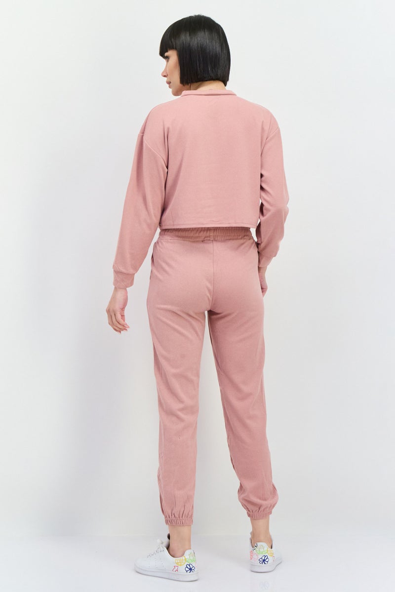 Buzz Women 2 Pcs Plain Sweatshirt And Sweatpants, Pink - Image 4