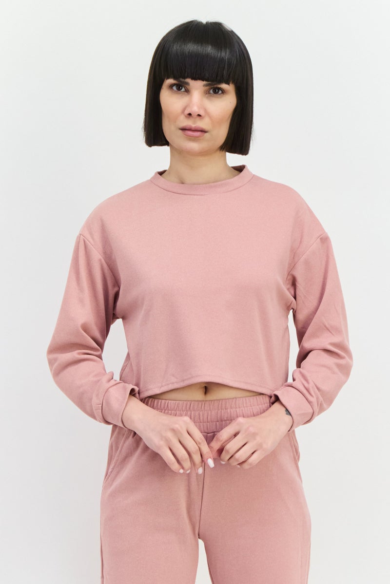 Buzz Women 2 Pcs Plain Sweatshirt And Sweatpants, Pink - Image 2