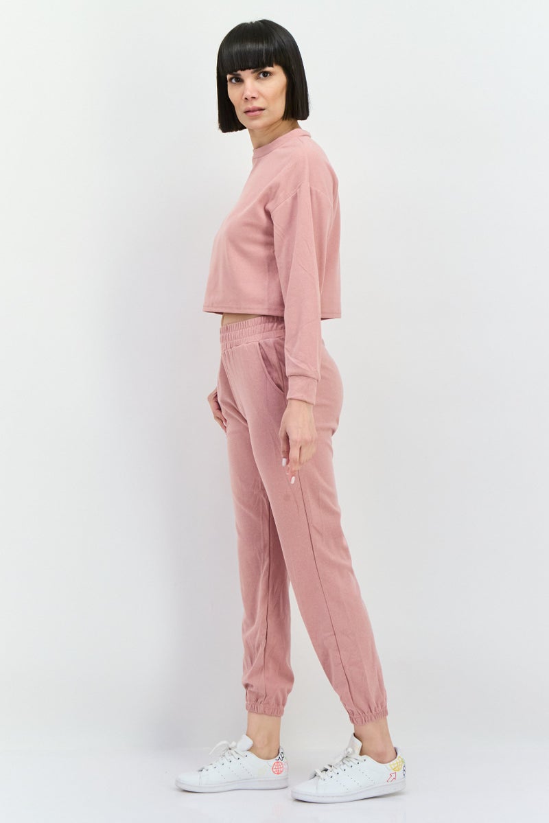 Buzz Women 2 Pcs Plain Sweatshirt And Sweatpants, Pink - Image 3