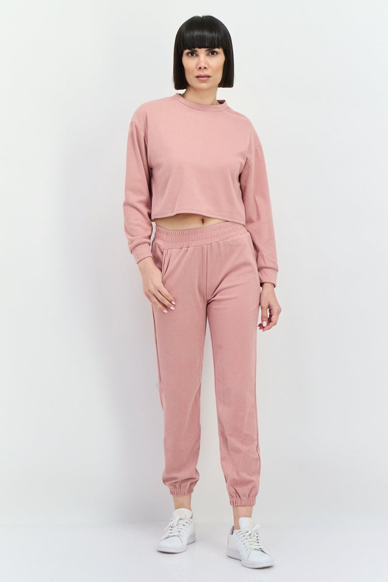 Buzz Women 2 Pcs Plain Sweatshirt And Sweatpants, Pink - Image 1
