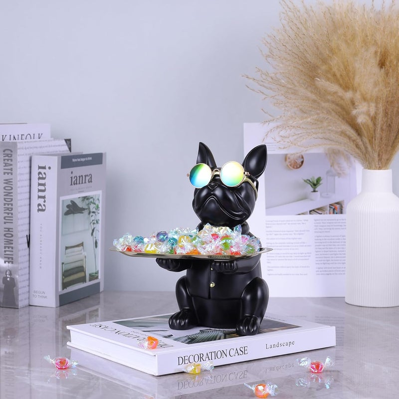 suruim Resin Bulldog Statue Storage Key Holder Candy Jewelry Earrings Piggy Bank Suitable for Home Decor Modern Animal Sculpture Table Decor (Black) - Image 5