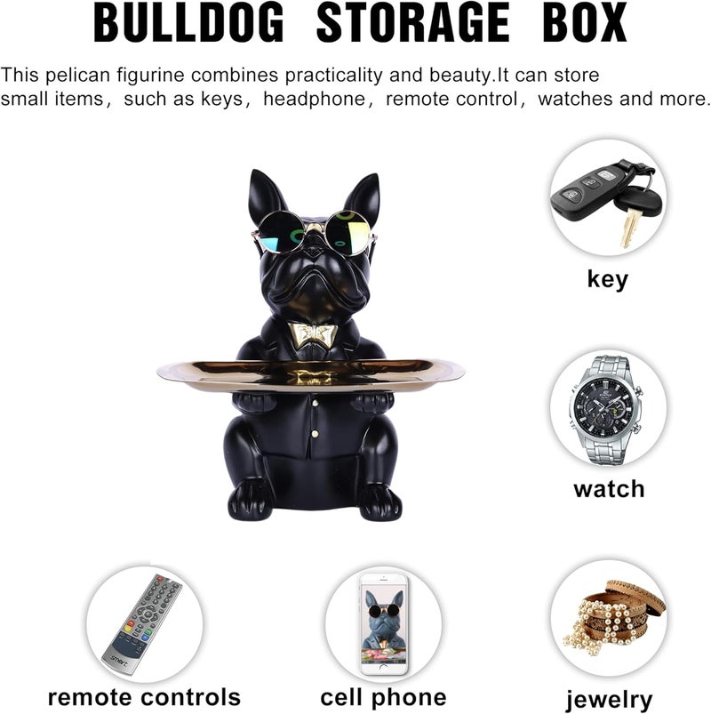 suruim Resin Bulldog Statue Storage Key Holder Candy Jewelry Earrings Piggy Bank Suitable for Home Decor Modern Animal Sculpture Table Decor (Black) - Image 3