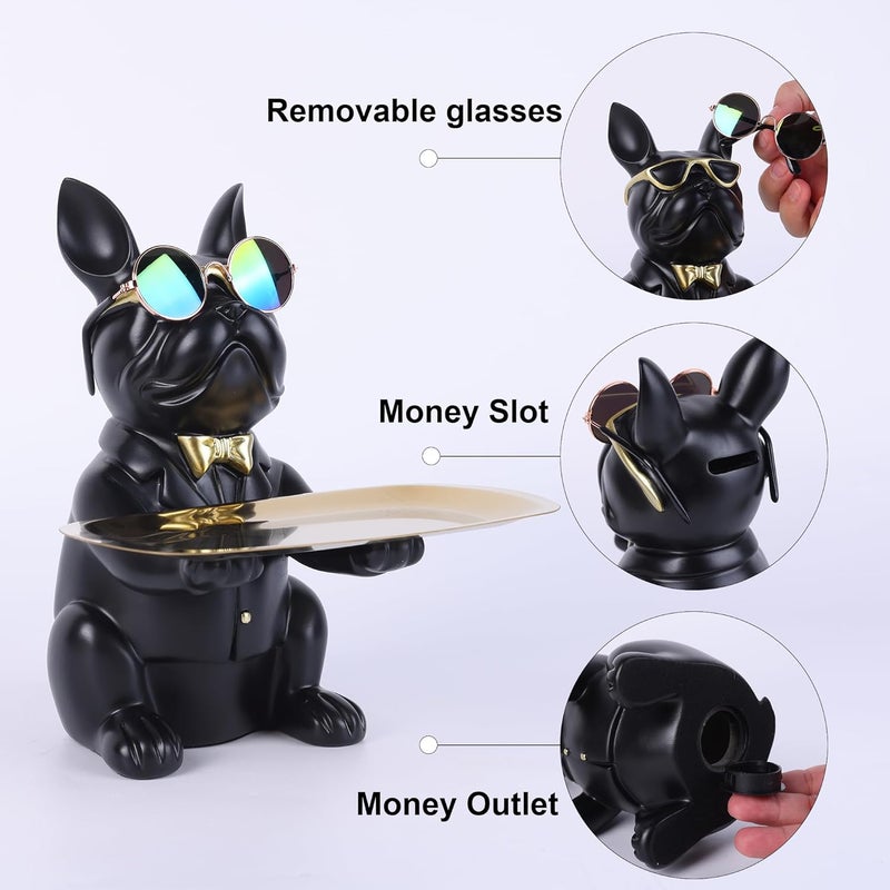 suruim Resin Bulldog Statue Storage Key Holder Candy Jewelry Earrings Piggy Bank Suitable for Home Decor Modern Animal Sculpture Table Decor (Black) - Image 2