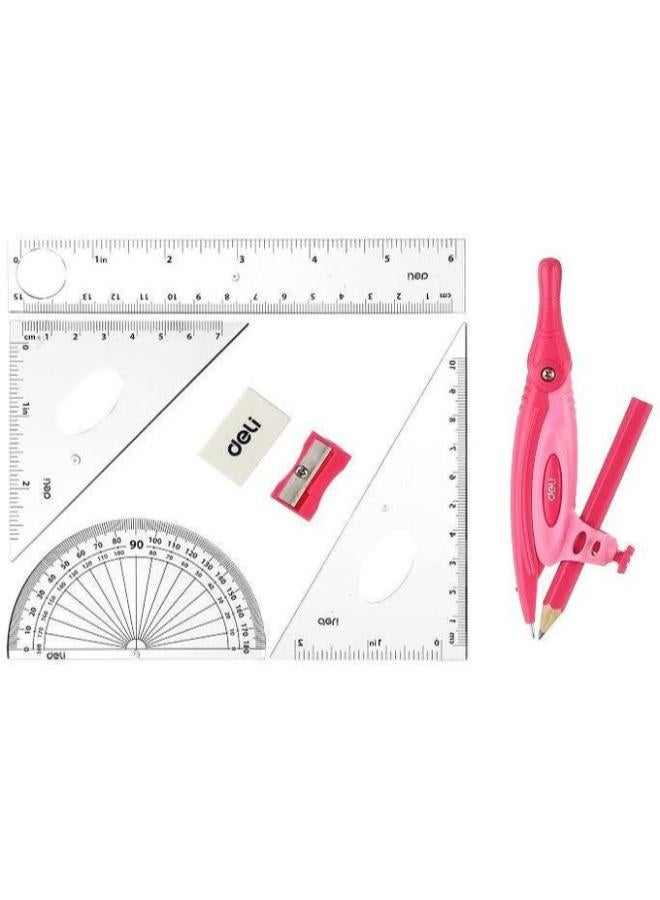 Deli Geometry Tools Set – 8 Pieces, Pink Color