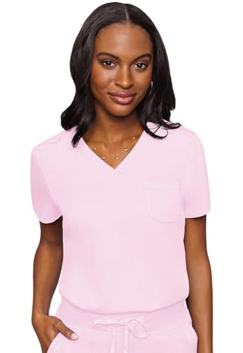 Med Couture Women's V-Neck Scrub Top, Modern Fit Tuck-in Top with Stretchy Rib-Knit Shoulders and Chest Pocket - MC7448, L, Ice Pink - Image 4