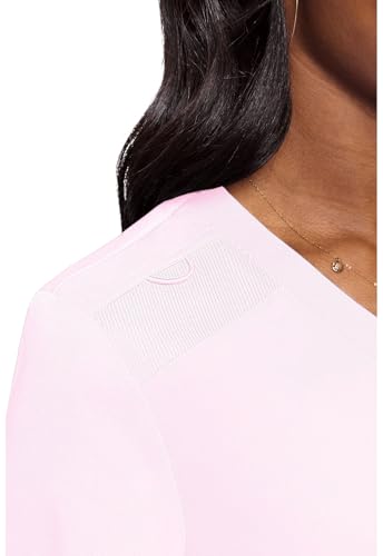 Med Couture Women's V-Neck Scrub Top, Modern Fit Tuck-in Top with Stretchy Rib-Knit Shoulders and Chest Pocket - MC7448, L, Ice Pink - Image 3