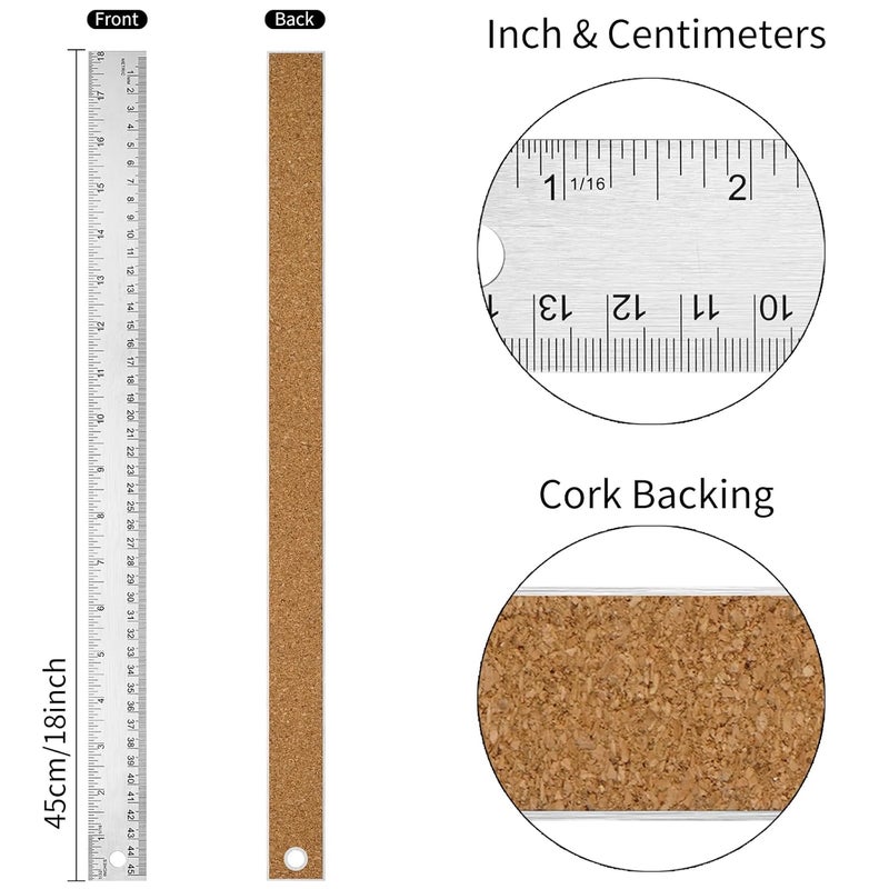 VORIGY Metal Ruler with Cork Backing, 18 Inch Stainless Steel Rulers 18 Inch Metal Ruler 10 Pack - Imperial and Metric - Non-Slip Prevent Ink Leakage - for School Office Engineering Tools - Image 2