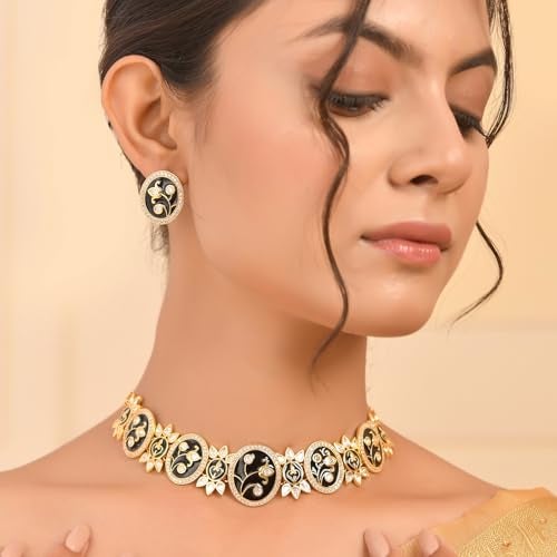 VOYLLA Pashmina Nyasia Choker Set, Women's Wedding & Party Jewelry Set, Enameled & Kundan Necklace Set - Image 3