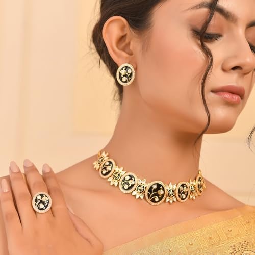 VOYLLA Pashmina Nyasia Choker Set, Women's Wedding & Party Jewelry Set, Enameled & Kundan Necklace Set - Image 4