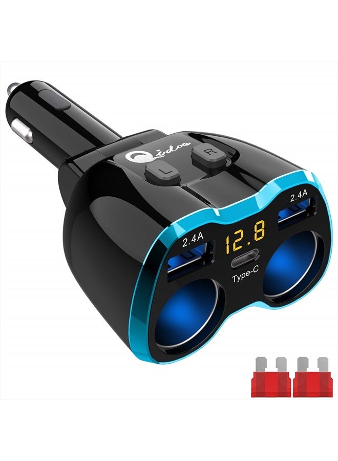 Qidoe Cigarette Lighter Splitter: USB C 12V Car Charger Adapter 2 Socket Type C Multi 12 Volt Power Outlet 24V DC 80W with LED Voltmeter Switch 6.3A Dual USB Port for Mobile Cell Phone GPS Dash Cam - Image 1