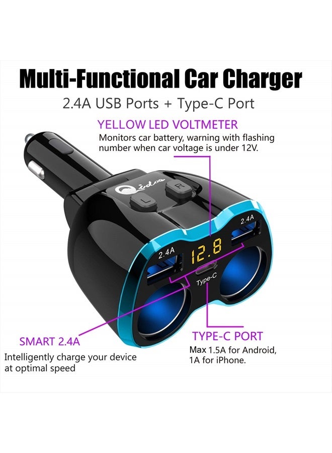 Qidoe Cigarette Lighter Splitter: USB C 12V Car Charger Adapter 2 Socket Type C Multi 12 Volt Power Outlet 24V DC 80W with LED Voltmeter Switch 6.3A Dual USB Port for Mobile Cell Phone GPS Dash Cam - Image 2