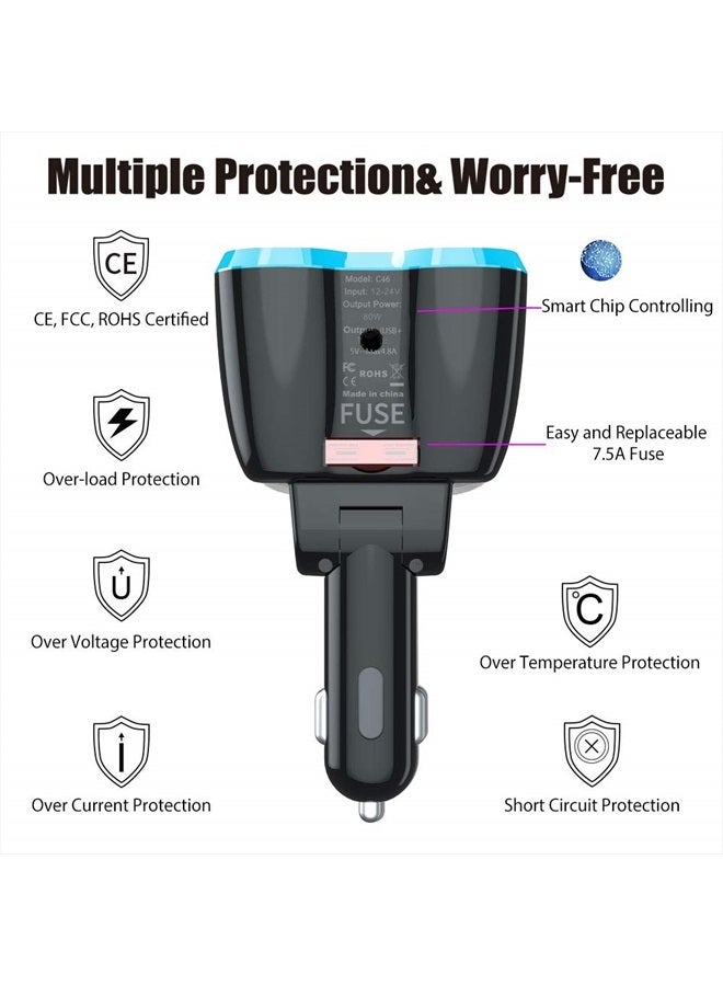 Qidoe Cigarette Lighter Splitter: USB C 12V Car Charger Adapter 2 Socket Type C Multi 12 Volt Power Outlet 24V DC 80W with LED Voltmeter Switch 6.3A Dual USB Port for Mobile Cell Phone GPS Dash Cam - Image 5