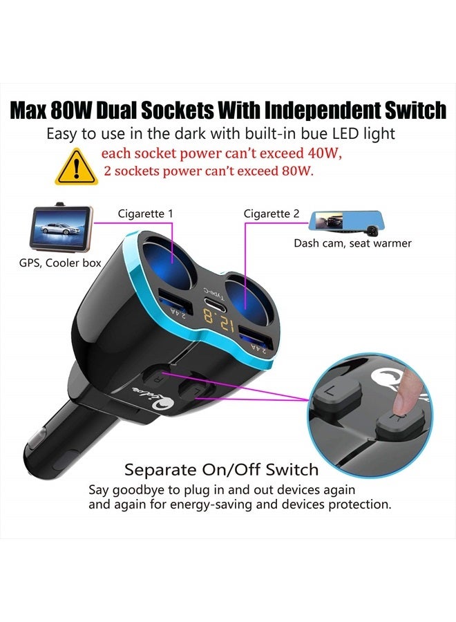 Qidoe Cigarette Lighter Splitter: USB C 12V Car Charger Adapter 2 Socket Type C Multi 12 Volt Power Outlet 24V DC 80W with LED Voltmeter Switch 6.3A Dual USB Port for Mobile Cell Phone GPS Dash Cam - Image 3