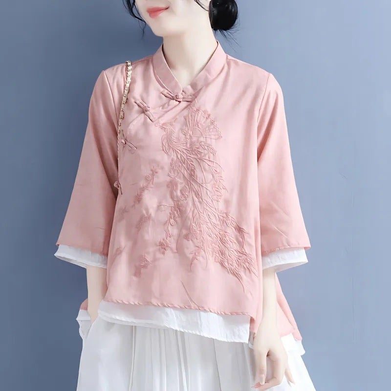 2023 Cotton And Linen Shirt Women'S Embroidered Artistic Retro Buckle Slant Placket Seven-Point Sleeve Tea Top For Women - Image 2