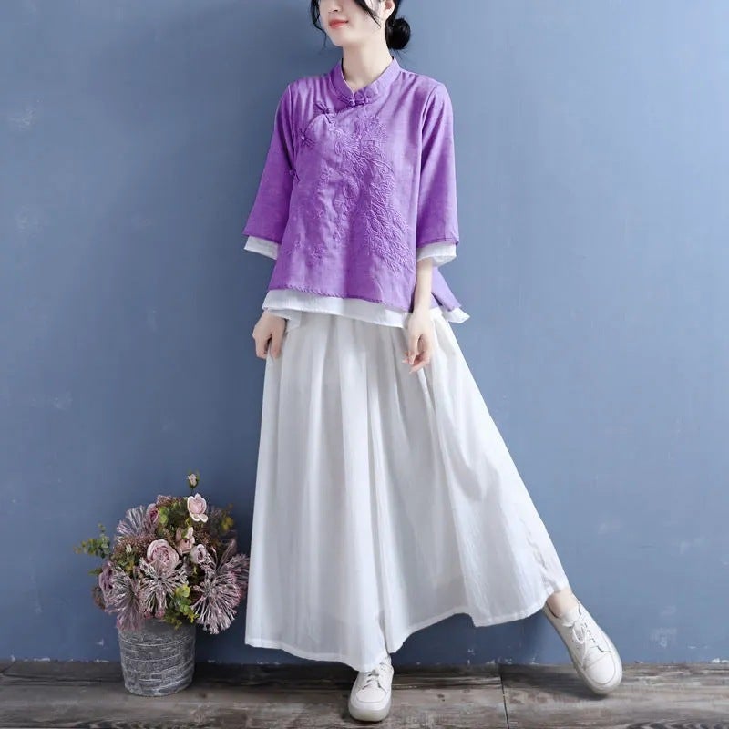 2023 Cotton And Linen Shirt Women'S Embroidered Artistic Retro Buckle Slant Placket Seven-Point Sleeve Tea Top For Women - Image 5