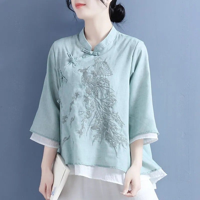 2023 Cotton And Linen Shirt Women'S Embroidered Artistic Retro Buckle Slant Placket Seven-Point Sleeve Tea Top For Women - Image 3