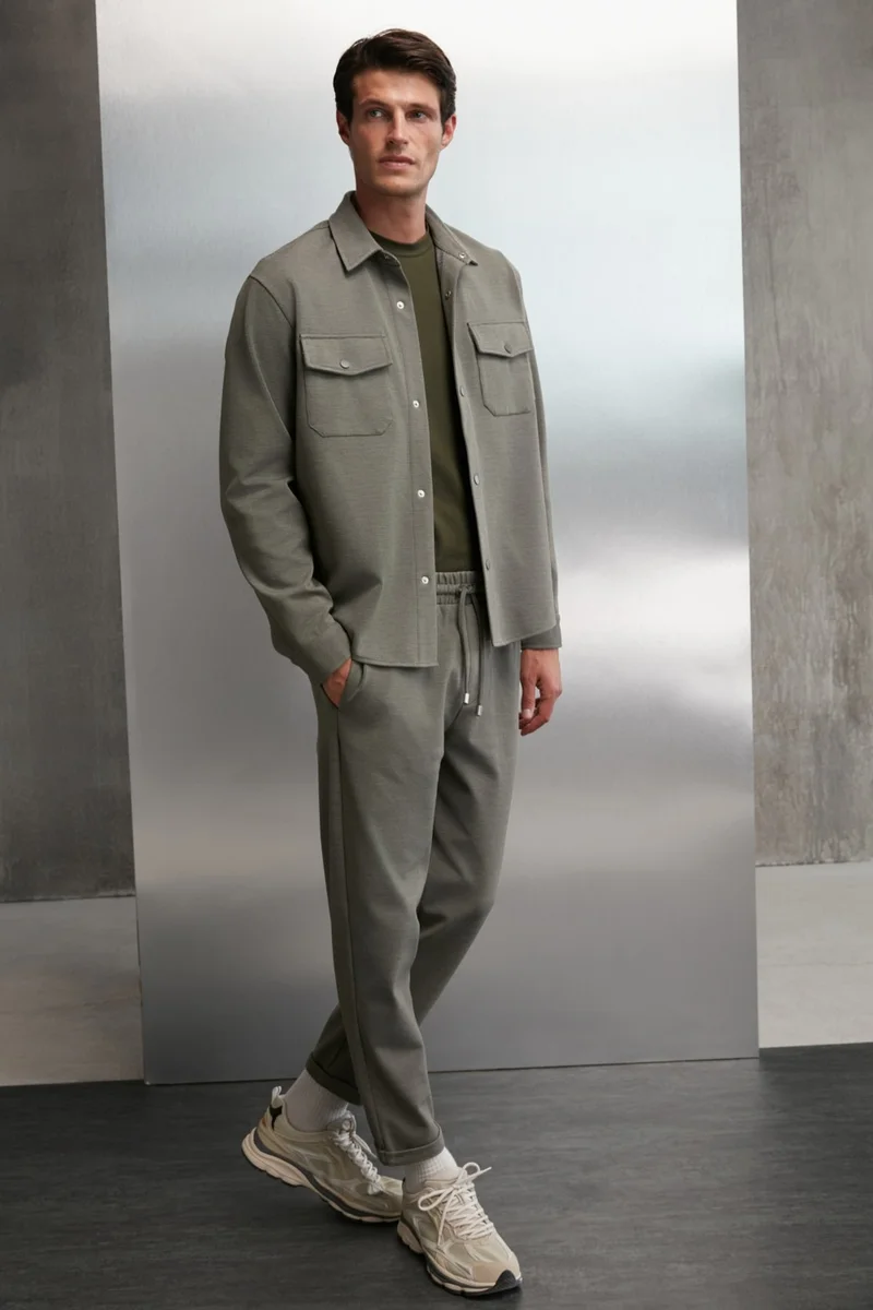 GRIMELANGE Walsh Men's Pique Look Special Fabric Flexible Double Leg Corded Waist Elastic Khaki Trousers