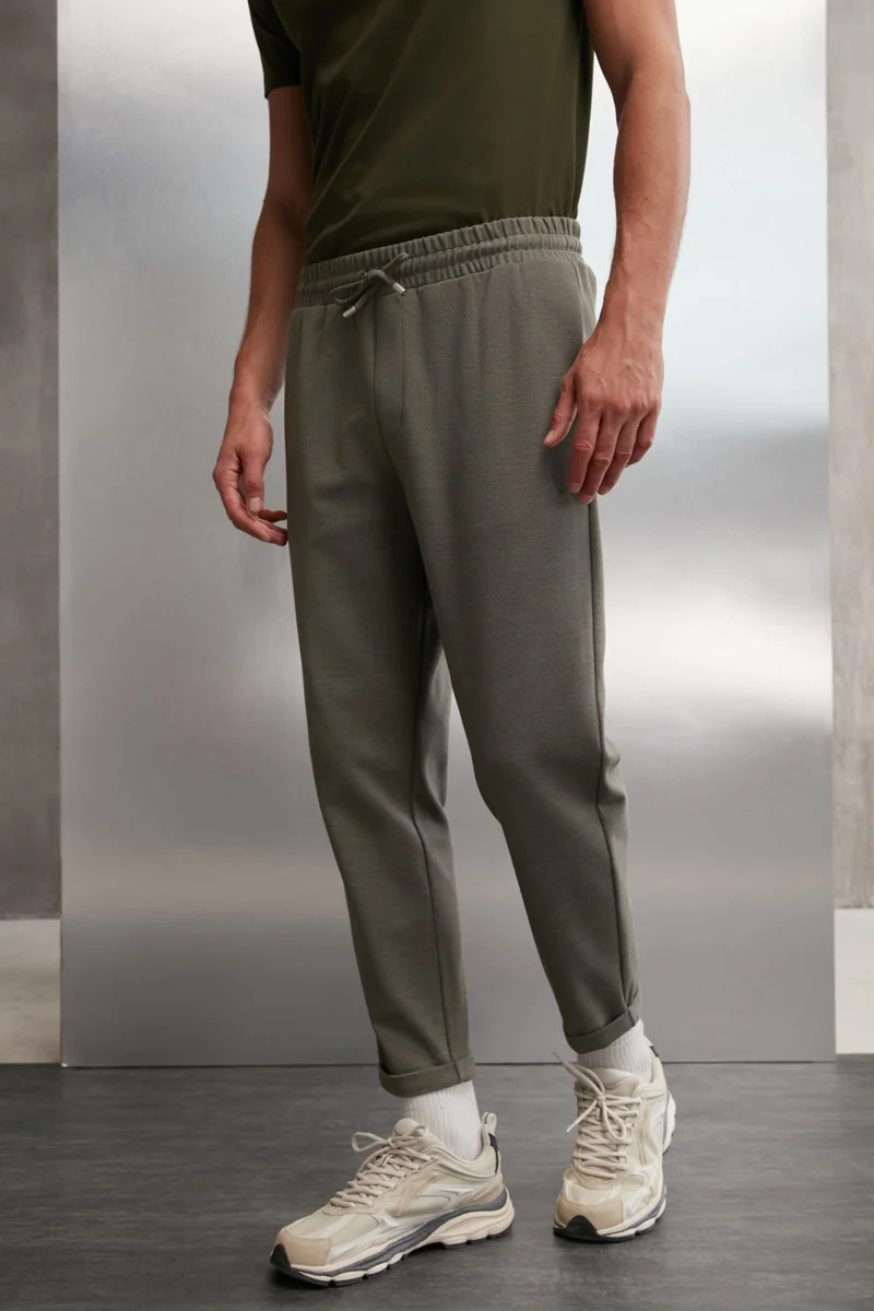 GRIMELANGE Walsh Men's Pique Look Special Fabric Flexible Double Leg Corded Waist Elastic Khaki Trousers